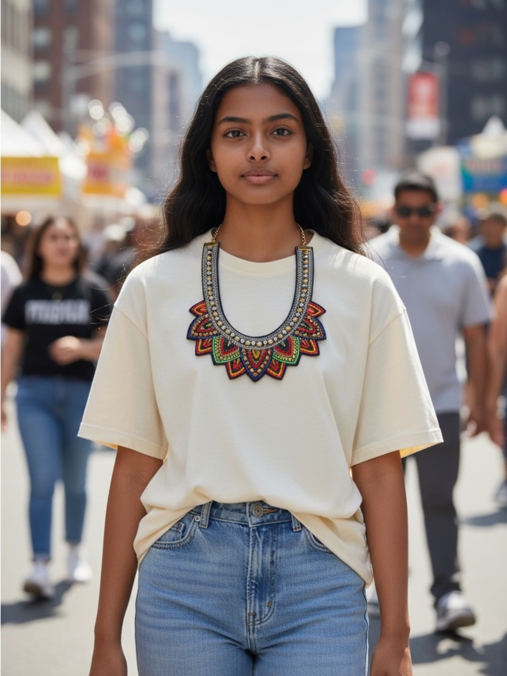 Boho Tribal Multicolor Beaded embroidered bib statement necklace